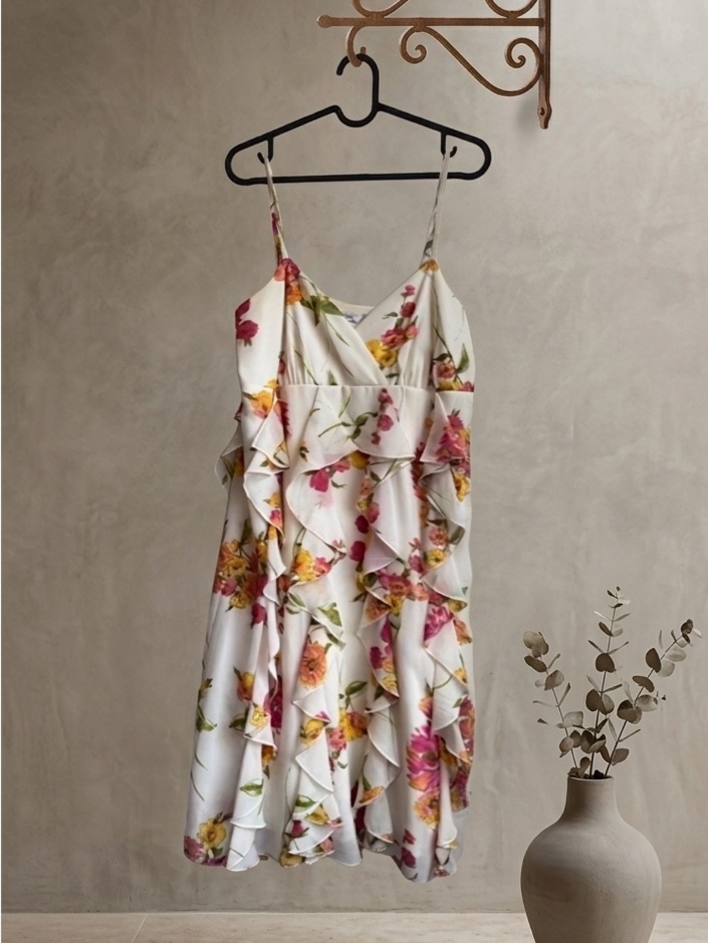 Floral Ruffle Spaghetti-Strap Dress - White with Pink & Yellow Flowers